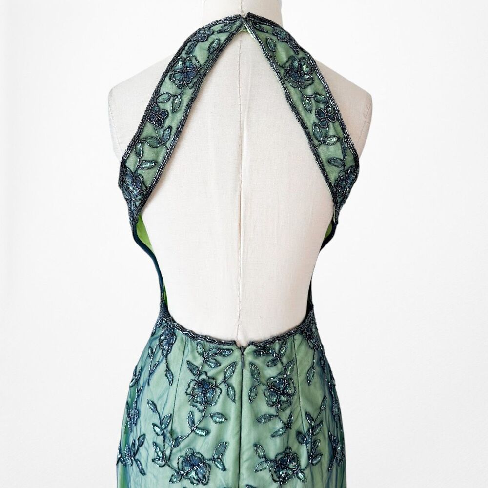 Vintage Y2K 90s Green Floral Halter Beaded Mesh Bodycon Maxi Prom Dress Size S - Picture 12 of 14